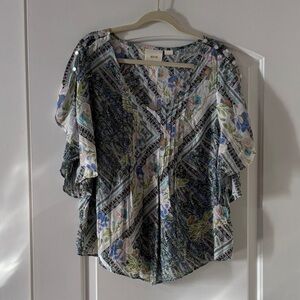 Maeve Blue and Green Floral V-Neck Blouse